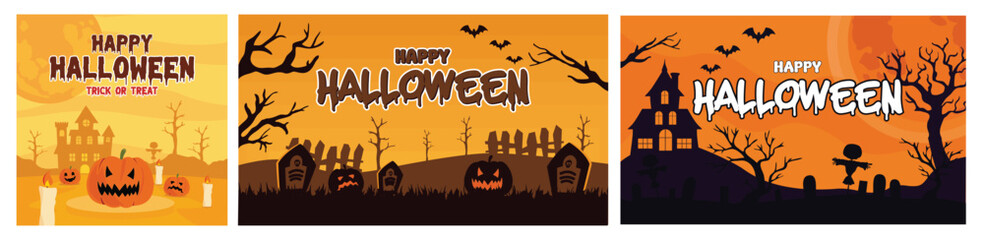 Spooky Halloween Scene. Halloween graveyard fence  Scene. October event with Haunted House and Bats Flying at Dusk. Set flat vector modern illustration