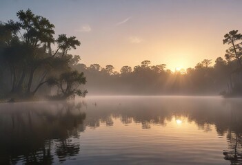 Fototapeta premium Apalachicola River sunrise with misty fog rising from the water, foggy morning, early morning fog, sunrise