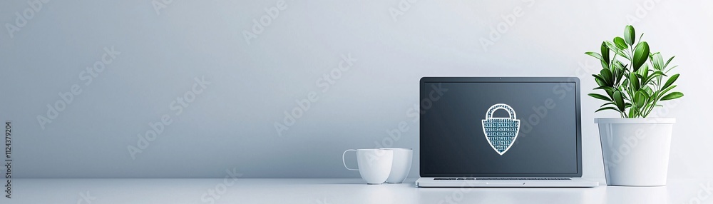 Poster a minimalist depiction of a laptop with a security icon and code, symbolizing ethical hacking in a s