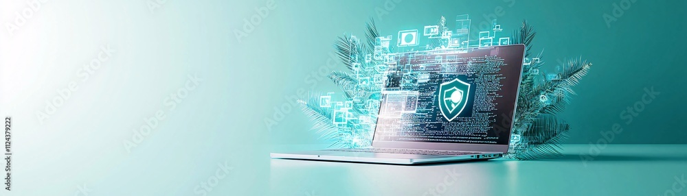 Poster a minimalist depiction of a laptop with a security icon and code, symbolizing ethical hacking in a s