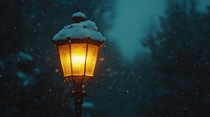 Snow falling on glowing street lamp at night