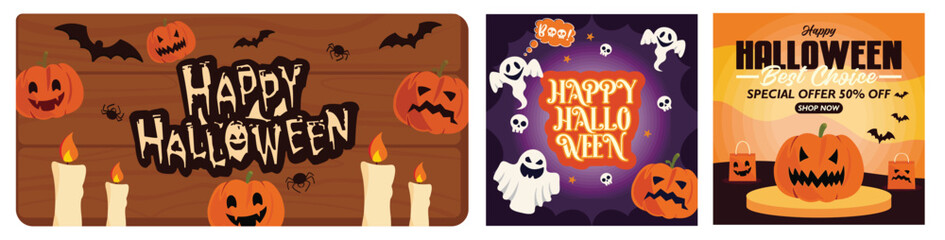 Happy Halloween banner template. Spooky Ghosts and Pumpkins. Halloween Sale Promotion Poster. Set flat vector modern illustration