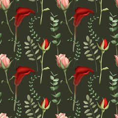 Seamless pattern with rose and calla flowers, plant twigs for paper, fabric and wallpaper