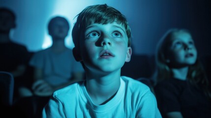 Children watching a movie at the cinema are amazed by the film