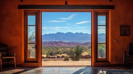 Scenic mountain view through a large window 
