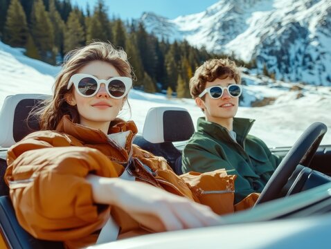 Chic road trip couple in convertible with snowy backdrop
