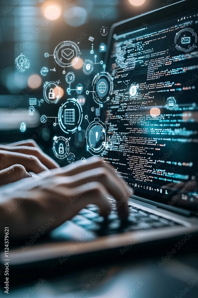 Poster a close-up of hands coding on a laptop, with security icons in the background, symbolizing ethical h