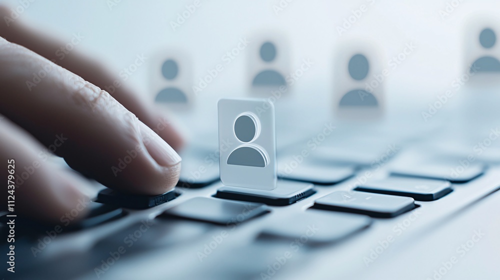 Poster a close-up of a hand typing on a keyboard with a blurred, anonymous avatar icon in the background, s
