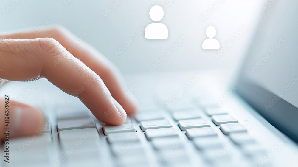 Poster a close-up of a hand typing on a keyboard with a blurred, anonymous avatar icon in the background, s