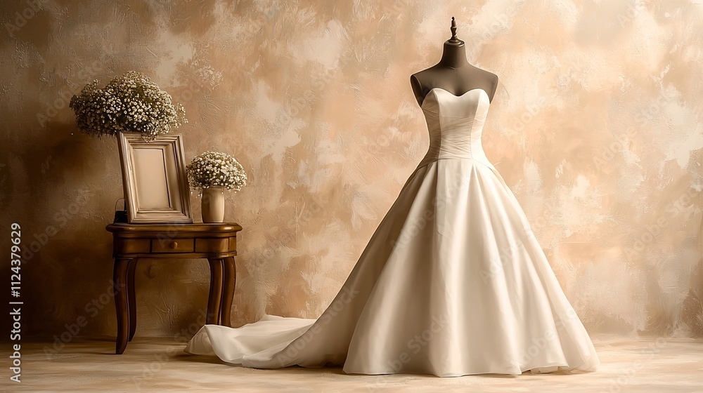 Poster Elegant Vintage Bridal Gown Displayed on Mannequin with Fitted Bodice and Flowing A Line Skirt Set Against a Timeless Backdrop with Soft Natural Lighting and Clear Copy Space for Text Overlay