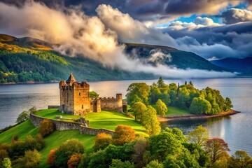 Fototapeta premium Panoramic Urquhart Castle Loch Ness Scotland Scenic Landscape