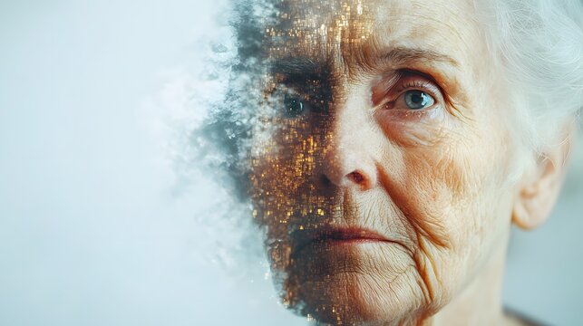 Emotional portrait of an elderly woman reflecting memory loss and mental decline, copy space. Generative AI.