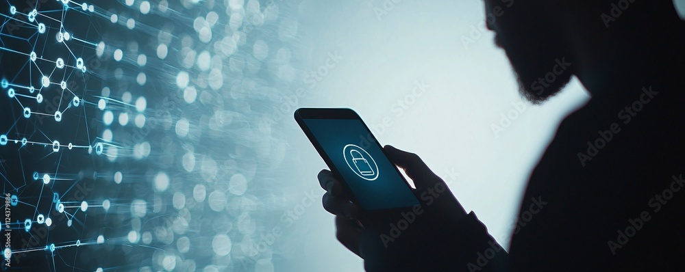 Poster a silhouette of a person holding a smartphone, with the screen displaying an encrypted messaging app