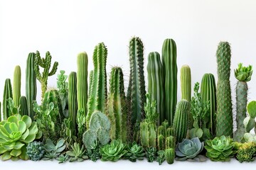Vibrant Display of Diverse Cacti and Succulents on White Background