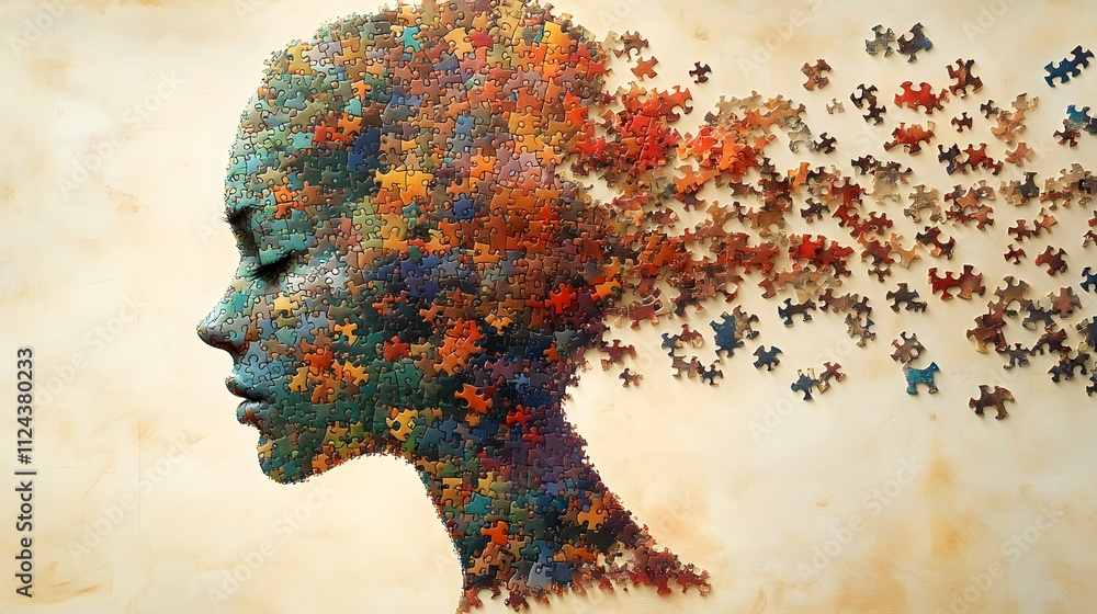 Poster puzzle pieces creating a human silhouette with colorful fragments. generative ai.