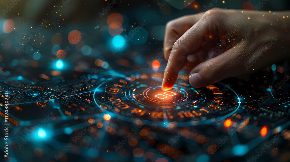 Poster digital touch: a single finger gracefully touches a glowing, futuristic interface, pulsating with vi
