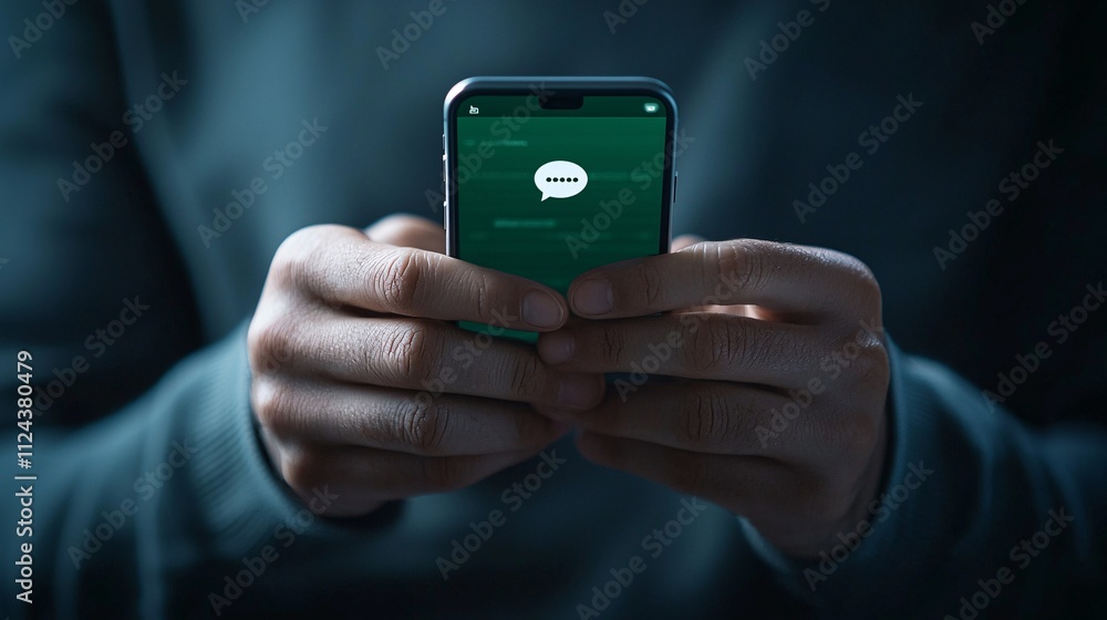 Poster a close-up of a person using an encrypted messaging app, with a focus on the anonymous sender s icon