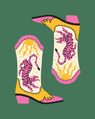 Cowboy boots with tiger, sun, stars. Cowgirl boots. Western and wild west theme. Cartoon vector illustration for poster, card, banner or invitation.