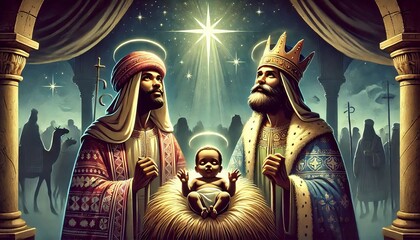 Fototapeta premium Three King's Day - Epiphany or Theophany - Three Magi visiting Jesus Christ bringing Gifts - Januari 6th - Biblical Magi, Three Wise Men - Epiphanytide - Son of God and Child - Christmas
