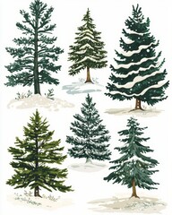A collection of festive evergreen trees.