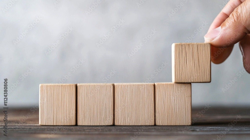 Poster new year 2025 with wooden blocks concept. hand placing a wooden block on a stack of blocks.