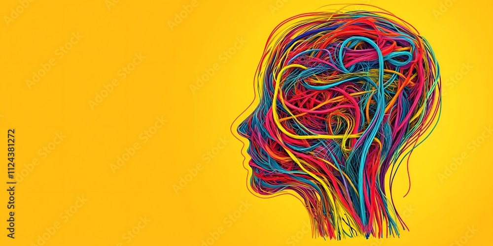Poster colorful tangled lines forming a vibrant abstract representation of a head. generative ai.