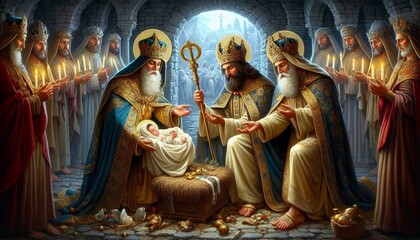 Three King's Day - Epiphany or Theophany - Three Magi visiting Jesus Christ bringing Gifts - Januari 6th - Biblical Magi, Three Wise Men  - Epiphanytide - Son of God and Child - Christmas