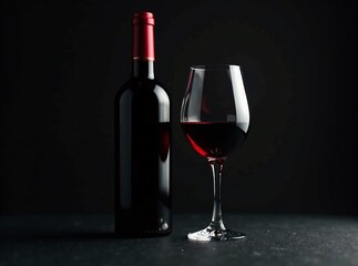 Red Wine Bottle and Glass, Black Background, Dramatic Lighting, AI Photography