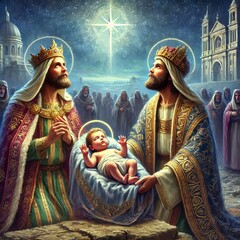 Fototapeta premium Three King's Day - Epiphany or Theophany - Three Magi visiting Jesus Christ bringing Gifts - Januari 6th - Biblical Magi, Three Wise Men - Epiphanytide - Son of God and Child - Christmas
