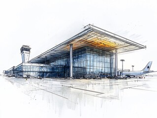 Minimalist Line Sketch of Modern Airport Terminal with Clean Architectural Design