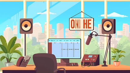 Radio Studio with City View: A cartoon-style illustration of a radio studio, with a microphone, speakers, and a computer on a desk, with a large window showcasing a vibrant cityscape.