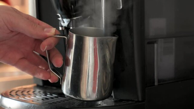 Preparing the home espresso machine for steaming milk. Activating the steam wand for the first time without the milk in the cup, you can see some steam coming out of the cup.