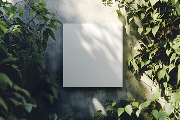 Blank White Canvas on a Weathered Wall with Lush Greenery