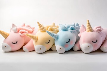 Colorful plush unicorns in a soft display.