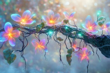 Obraz premium Bioluminescent Icons Floating in a Surreal Natural Backdrop with Vivid Colors and Glowing Effects
