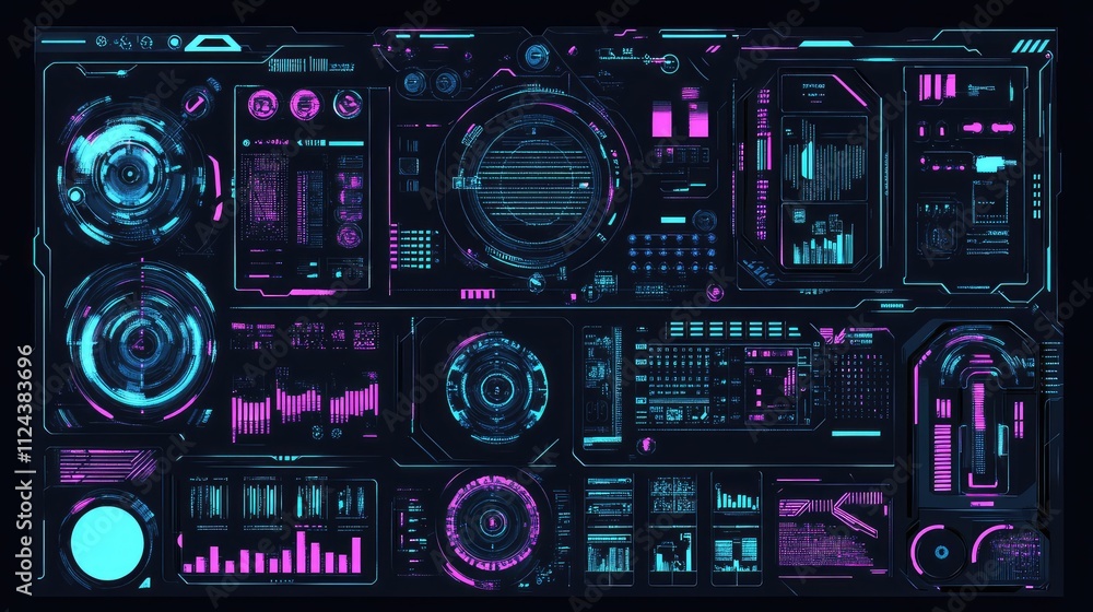Poster futuristic digital interface with neon colors and data visualization