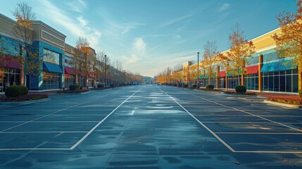 Empty shopping center parking lot on a sunny autumn morning.