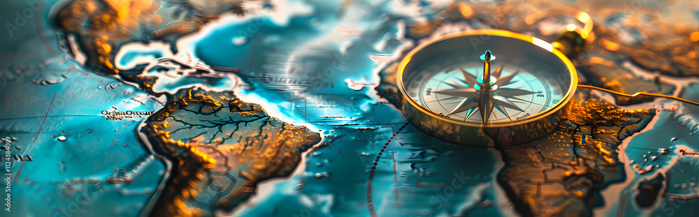 Poster compass on a world map: a compass rests upon a textured world map, its needle pointing towards a new