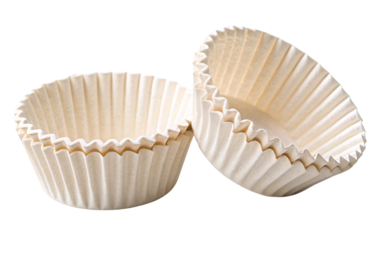 Unbleached cupcake liners with crisp, ridged edges, placed next to each other, isolated on a transparent background
