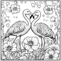 Naklejka premium Coloring page for kids, two flamingos in love surrounded by flowers and hearts