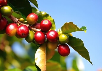 Fresh Coffee Cherries Growing on a Branch Against a Clear Blue Sky, Showcasing Vibrant Red and Green Berries Surrounded by Glossy Green Leaves in a Lush Environment