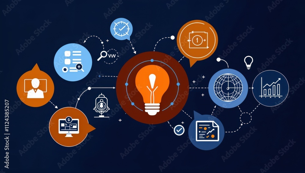 Poster illustration depicting the process of idea generation with various elements representing creativity 
