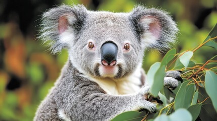 Naklejka premium Close-Up of a Koala Featuring Eucalyptus Leaves in Natural Habitat