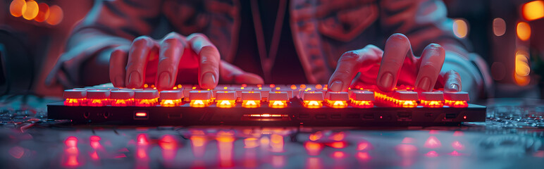 Gaming Keyboard Closeup:  A close-up shot of a gamer's hands typing on a backlit mechanical keyboard with vibrant red illumination, capturing the intensity and focus of gaming.