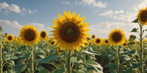 Fototapeta premium Field of sunflowers swaying gently in the wind, windy day, golden flowers, wildflowers