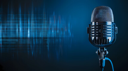 Vintage Microphone and Sound Waves: A classic vintage microphone stands poised against a backdrop of dynamic blue sound waves, capturing the essence of audio recording, broadcasting, or podcasting.