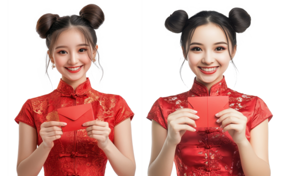 asian woman wearing red traditional cheongsam dress holding red envelopes or ang Pao isolated on transparent background