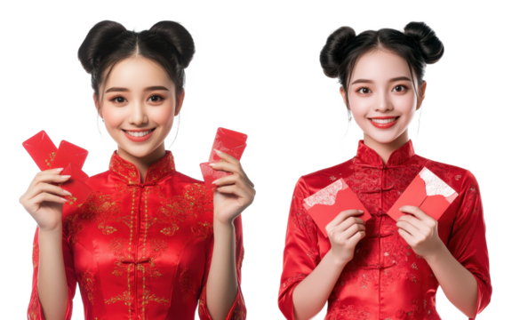 asian woman wearing red traditional cheongsam dress holding red envelopes or ang Pao isolated on transparent background