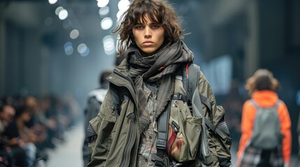 Fototapeta premium Fashion model showcasing outerwear, scarf, and backpack.