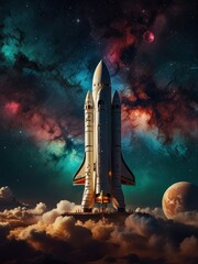 Obraz premium Starship Soaring Through Cosmic Nebula: A sleek, futuristic spaceship glides through a mesmerizing nebula.